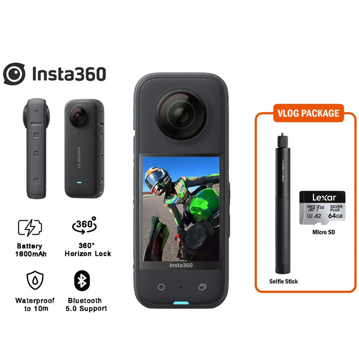 Insta360 X3 + Lexar MicroSD 64Gb + PGYTECH 96cm Selfie Stick