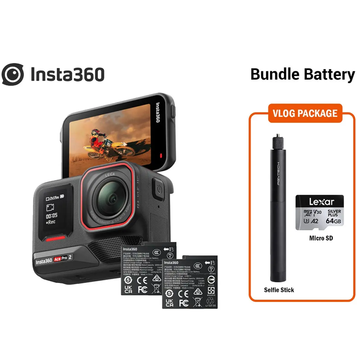 Insta360 Ace Pro 2 Battery Bundle + Lexar MicroSD 64Gb + PGYTECH 96cm Selfie Stick