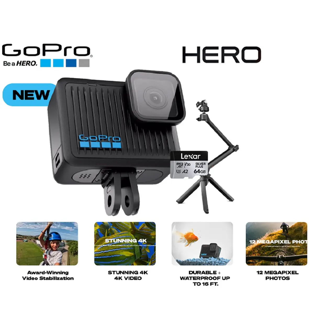 GoPro Hero Action Camera (FREE Lexar 64GB Silver Plus microSDXC UHS-I & PGYTECH CapLock MantisPod Z Tripod)