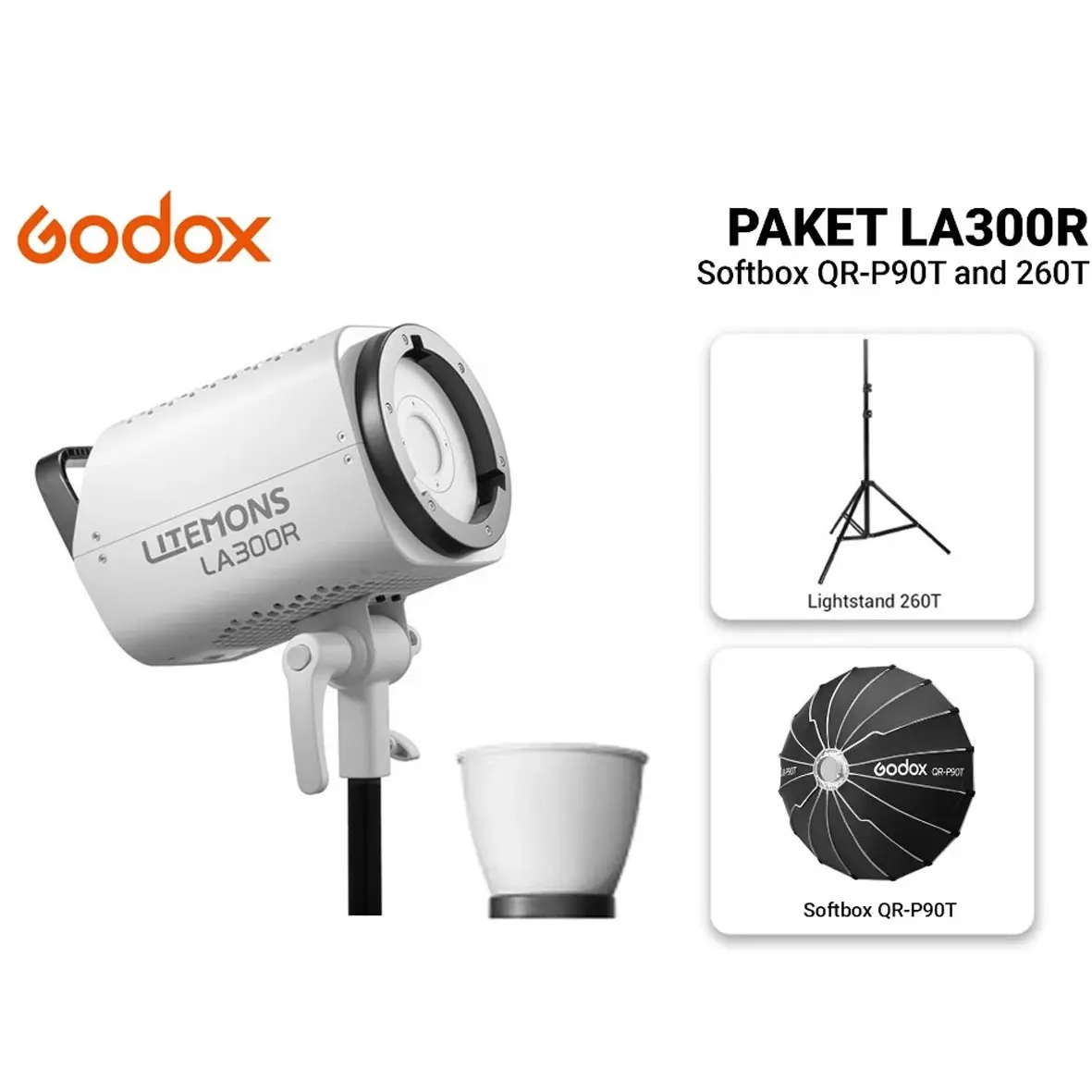 Godox Litemons LA300R with Parabolic Softbox QR-P90T and Lightstand 260T