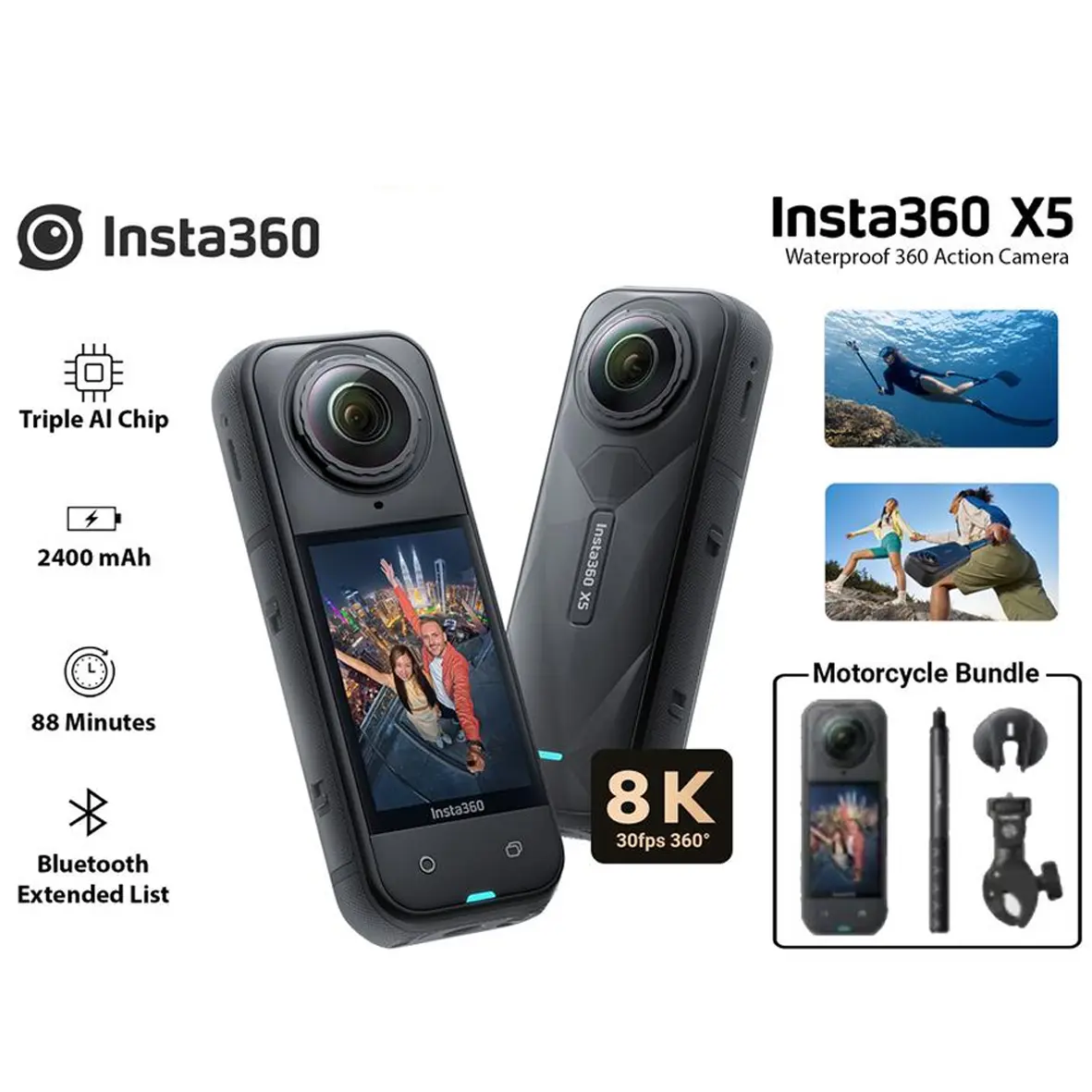 Insta360 X5 360 Action Camera Motorcycle Multiview Bundle