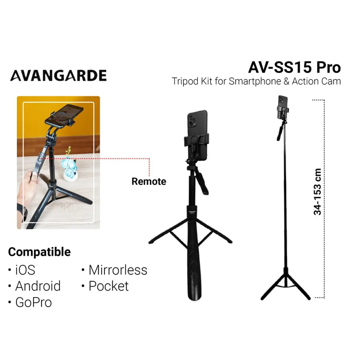Avangarde Travel Phone Tripod Kit for Smartphone & Action Cam AV-SS15 Pro Black