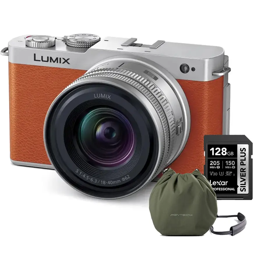 Panasonic Lumix S9 Mirrorless Camera with S 18-40mm f4.5-6.3 (Camel Orange) FREE PGYTECH OneGo Drawstring Bag Forest + Lexar 128GB Professional SDXC SILVER PLUS